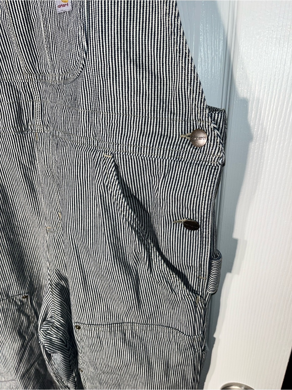 Carhartt Denim Bib Overall Women’s Large Relaxed Fit Cotton Railroad Stripe - Picture 6 of 15